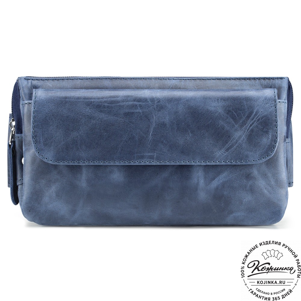 Кожаная сумка на пояс "Юнис" (синий антик) 