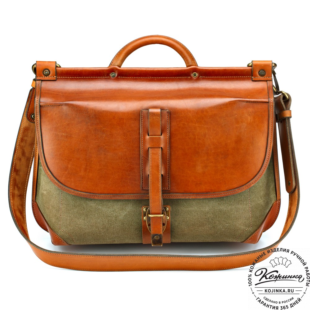 Портфель из кожи и брезента "Крокер" (коричневый с зеленым)