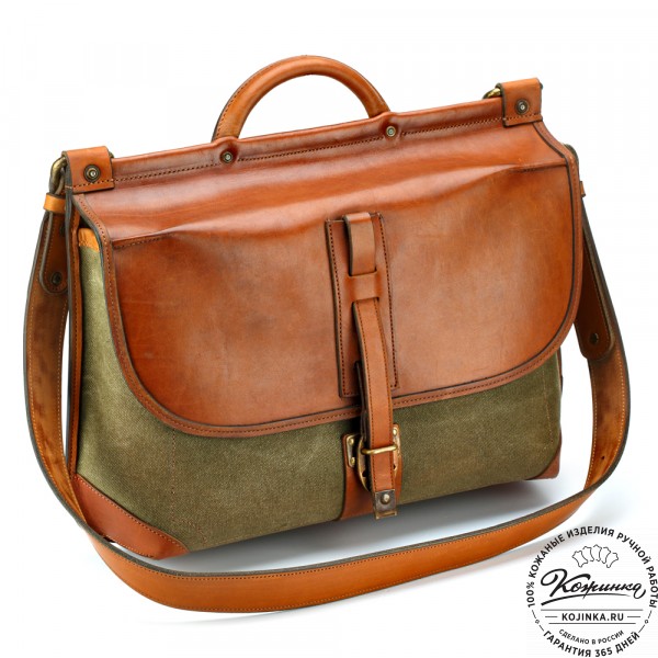 Портфель из кожи и брезента "Крокер" (коричневый с зеленым). фото 1