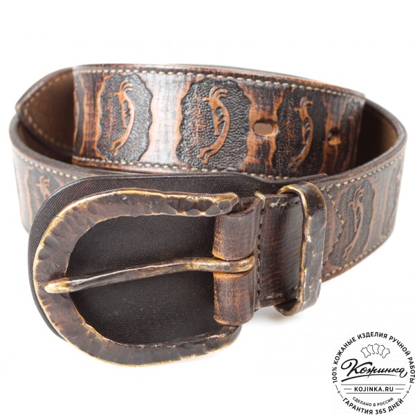 Кожаный мужской ремень "Кельт" тиснёный с дудками (коричневый). фото 1