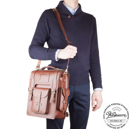 Кожаный ранец-портфель "Джон" (синий с красным)