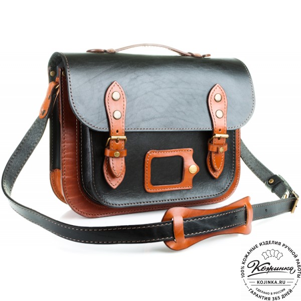 Кожаный портфель "Сатчел"  (чёрный с рыжим). фото 1