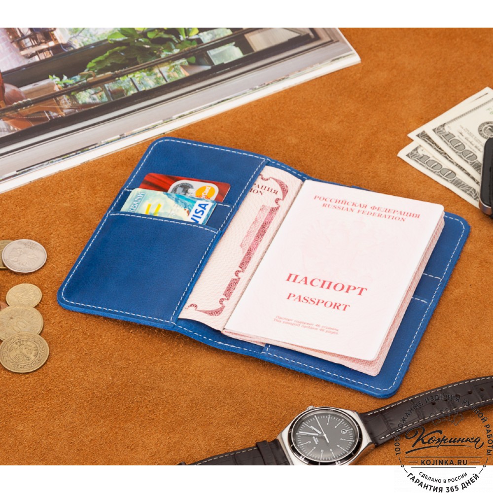 Кожаная обложка на паспорт Прага (синяя)